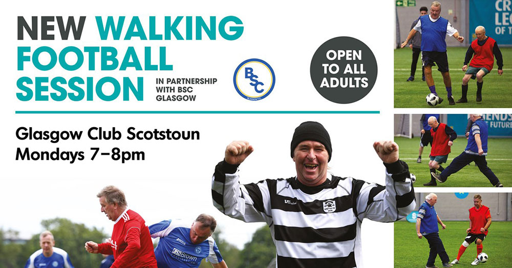 New Walking Football Session with Glasgow Club Scotstoun. This is open to all adults and is on from 7pm until 8pm every Monday evening.
